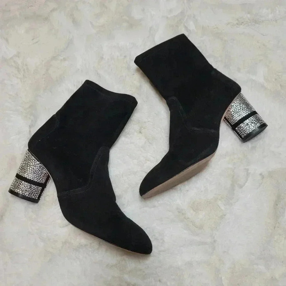 Stuart Weitzman Black Suede Leather Sock Boots Rhinestone Heel Diamond Size 9.5 - Picture 2 of 10
